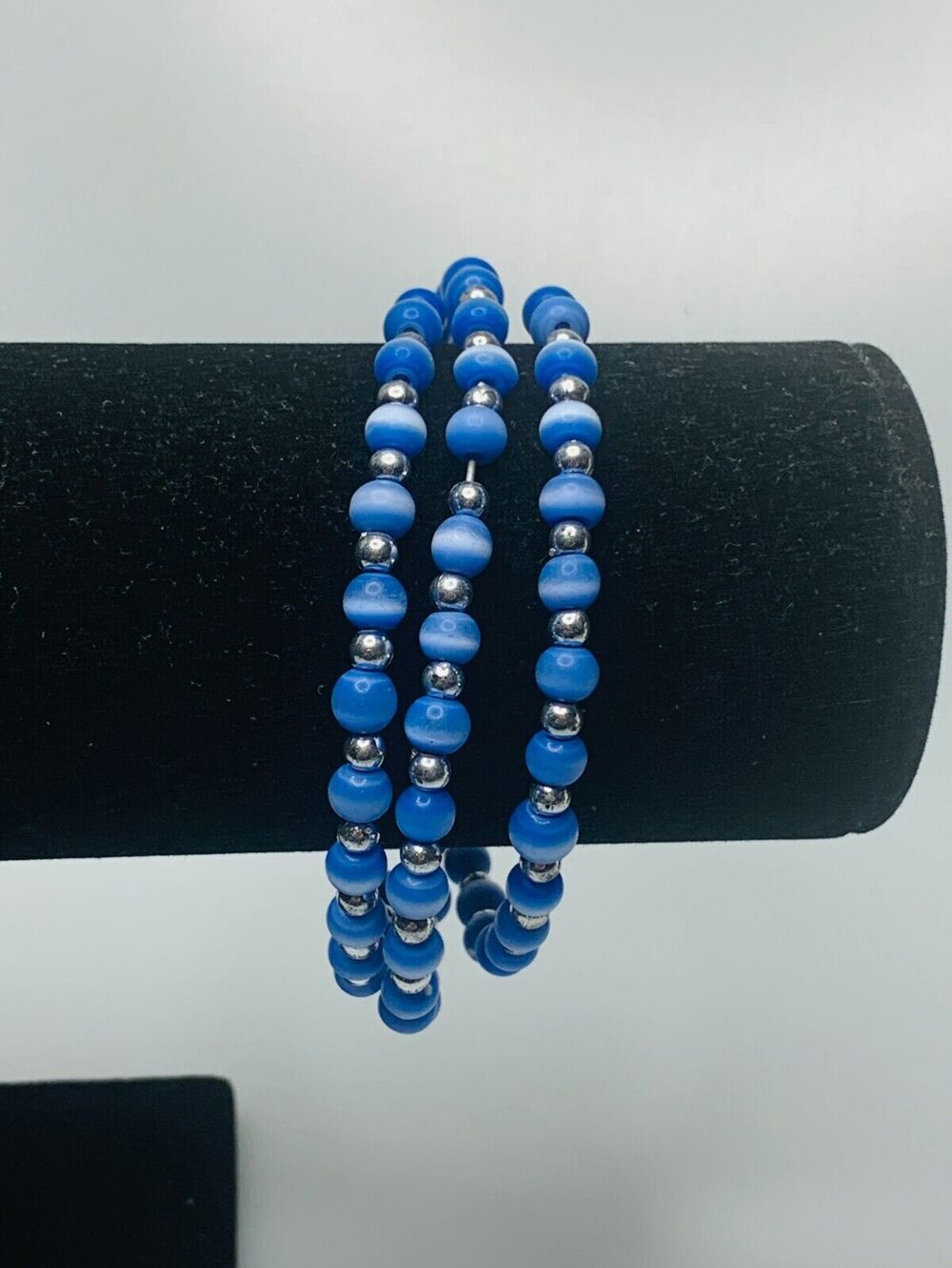 Light Blue Glass Bead Memory Wire Bracelet, One Size Fits All